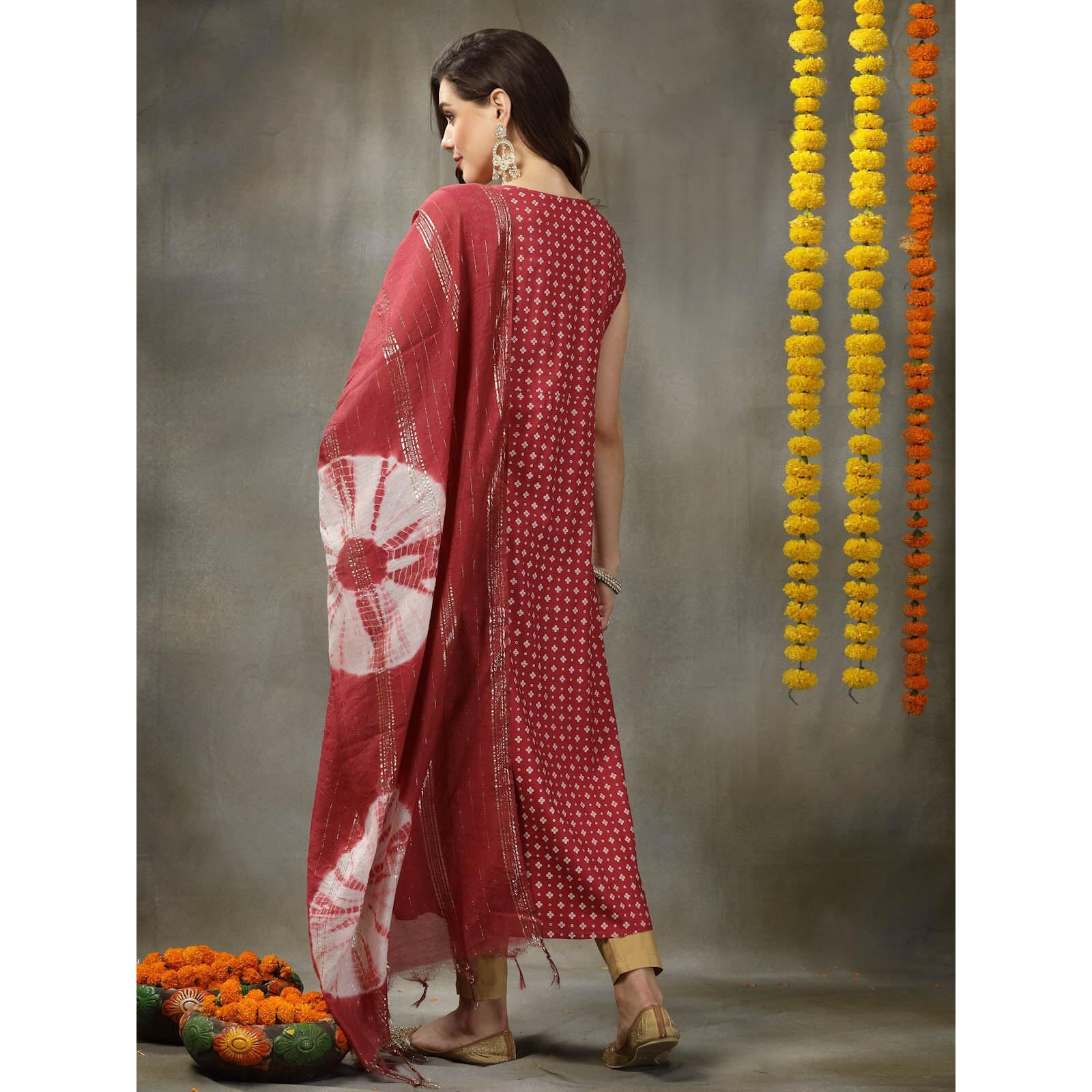 Stylum Women's Bandhej Printed Rayon A-Line Kurta With Dupatta (Kdroseparo42_Rose, Xl)