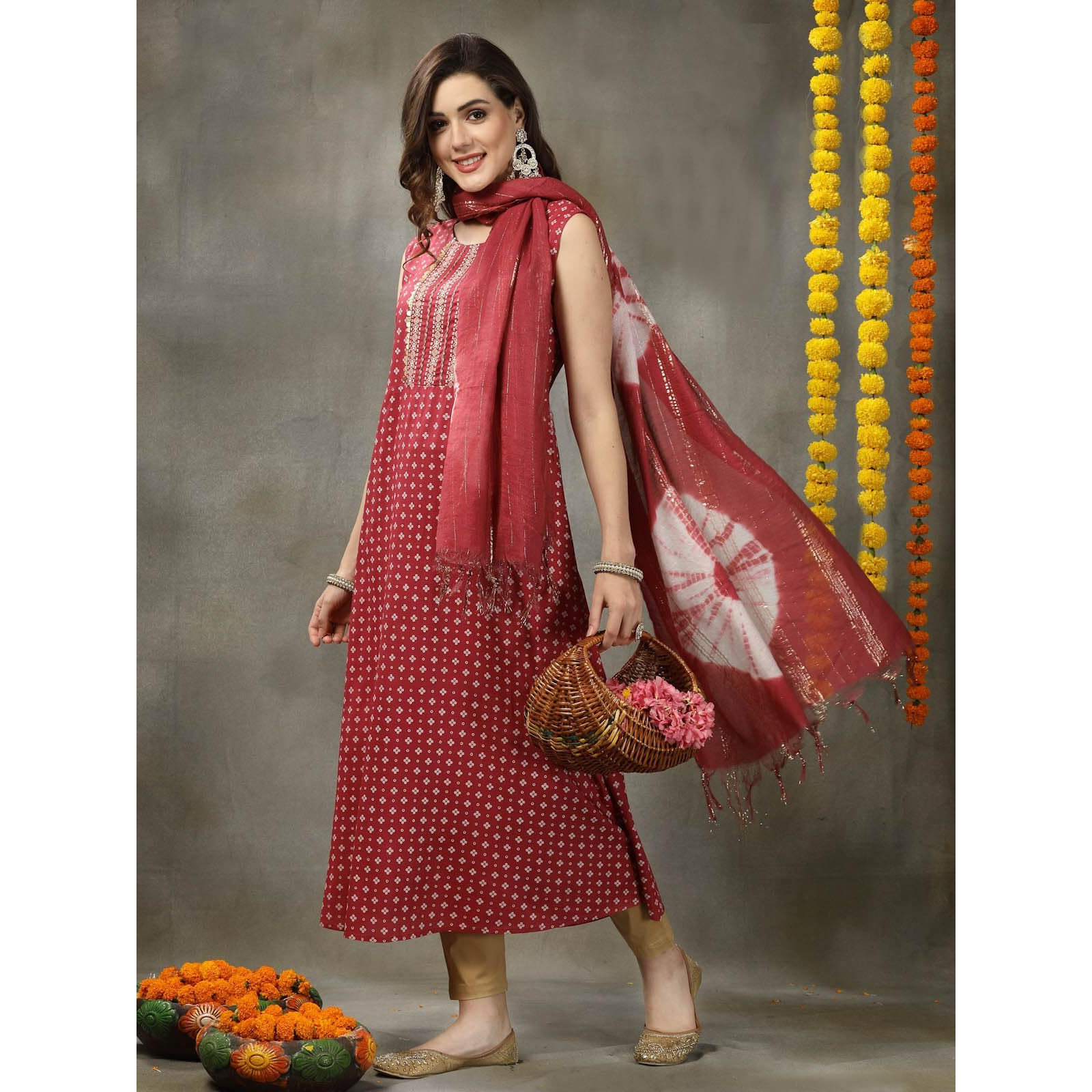 Stylum Women's Bandhej Printed Rayon A-Line Kurta With Dupatta (Kdroseparo42_Rose, Xl)
