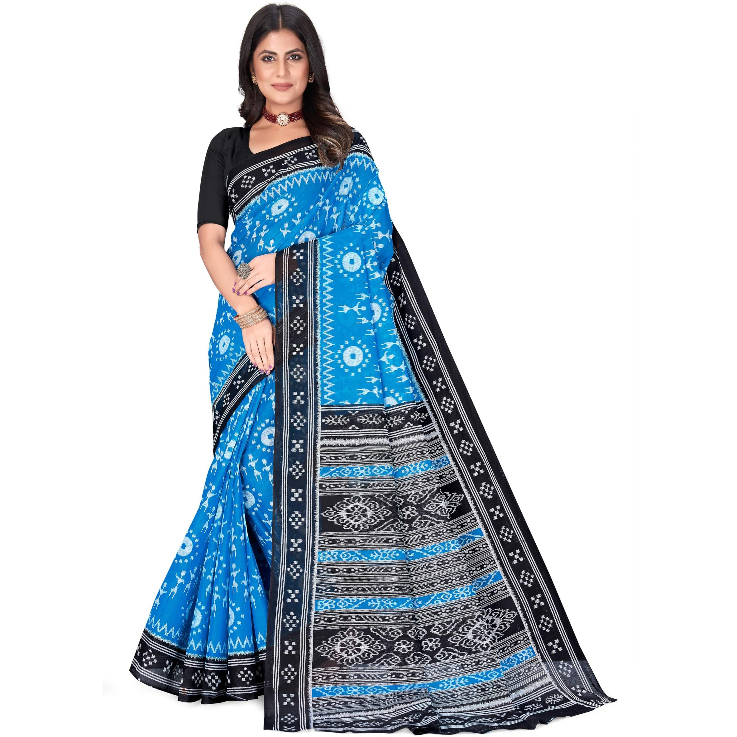 Tamaira Fashion Women's Warli Printed Sambalpuri Pure Cotton Mulmul Saree Without Blouse Piece(2483_Turquoise)