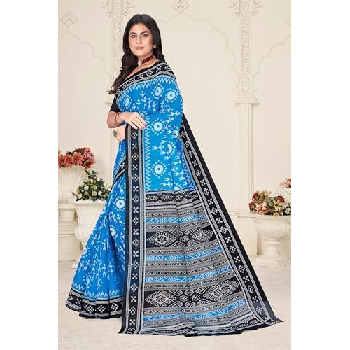 Tamaira Fashion Women's Warli Printed Sambalpuri Pure Cotton Mulmul Saree Without Blouse Piece(2483_Turquoise)