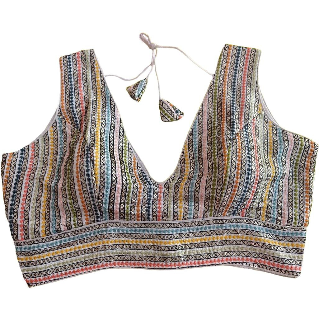 Vihu Fashion Women's Sleeveless Readymade Sabyasachi Pattern V Neck Blouse Embroidery Work With Sequence Blouse Indian Ethnic Wear Readymade Saree White Color Blouse For Lehenga Choli Stylis