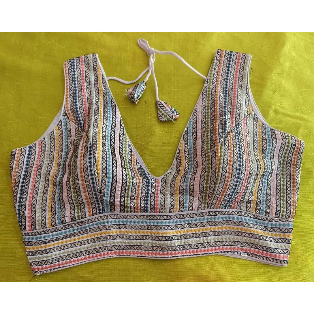 Vihu Fashion Women's Sleeveless Readymade Sabyasachi Pattern V Neck Blouse Embroidery Work With Sequence Blouse Indian Ethnic Wear Readymade Saree White Color Blouse For Lehenga Choli Stylis