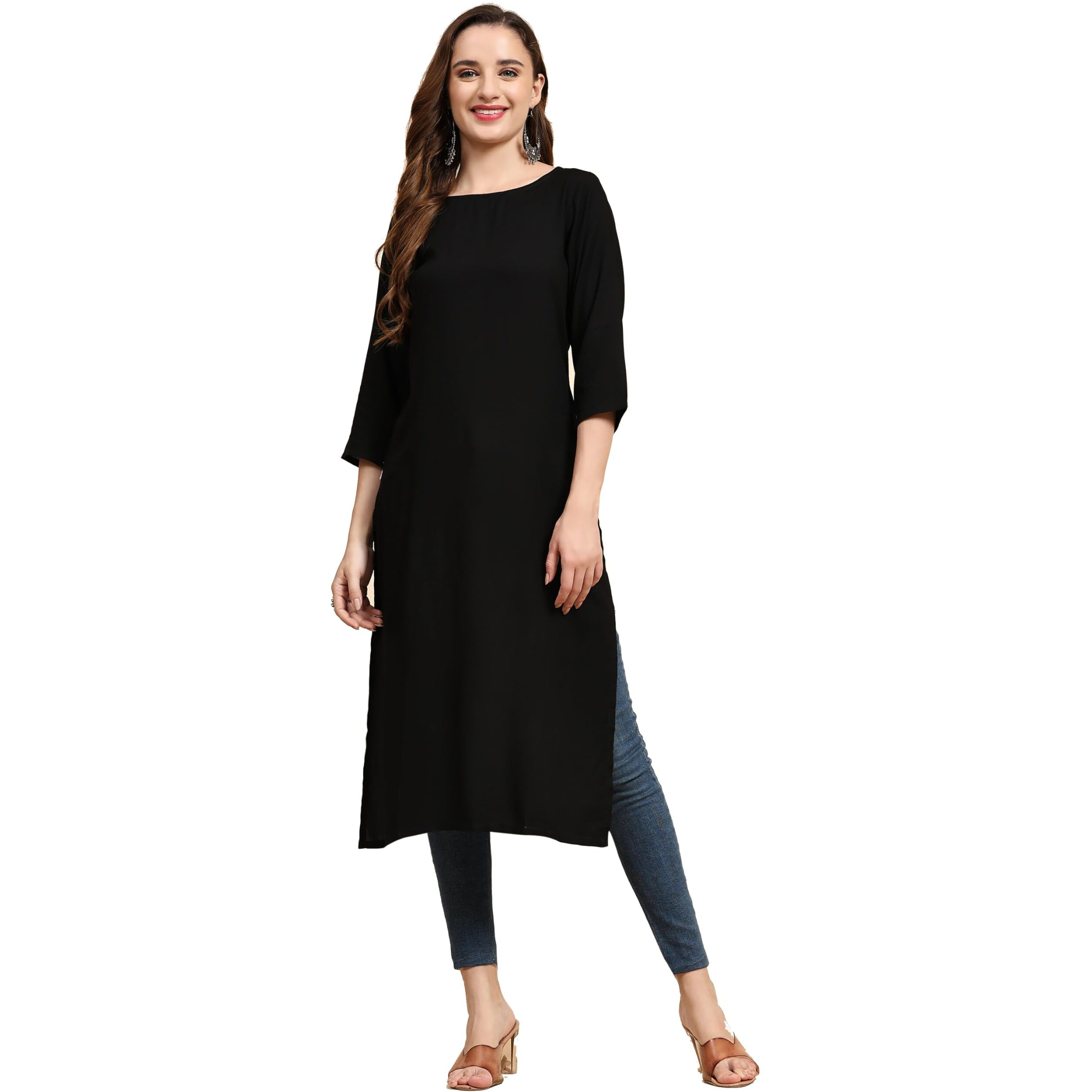 Weavers Villa Women's Cotton Plain Straight Kurta (Small) Black