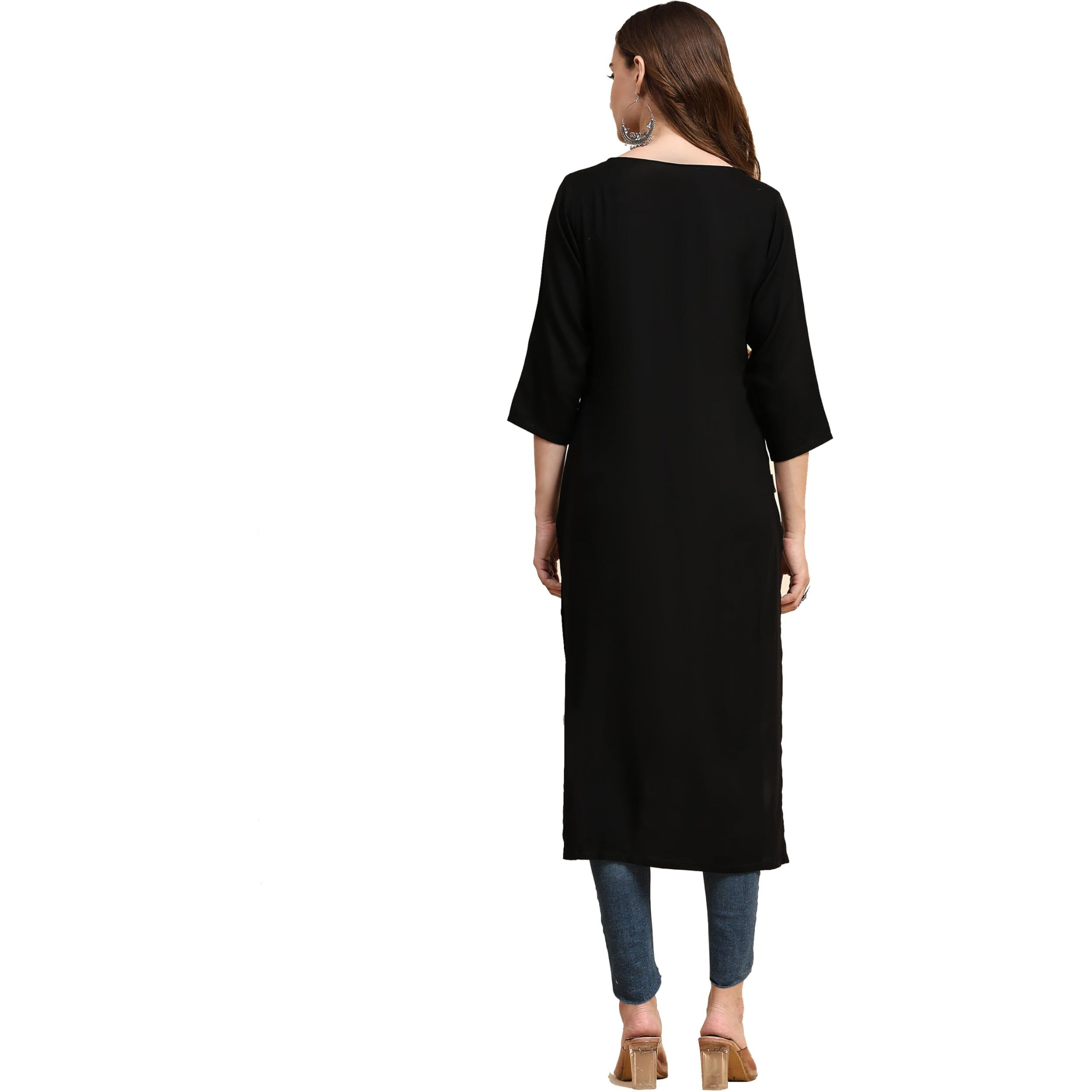 Weavers Villa Women's Cotton Plain Straight Kurta (Small) Black