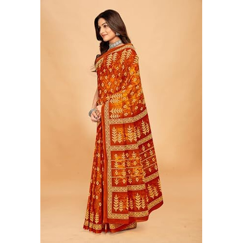 Tamaira Fashion Women's Jaipuri Hand Block Printed Pure Cotton Mulmul Saree Without Blouse Piece(11615_Mustard)