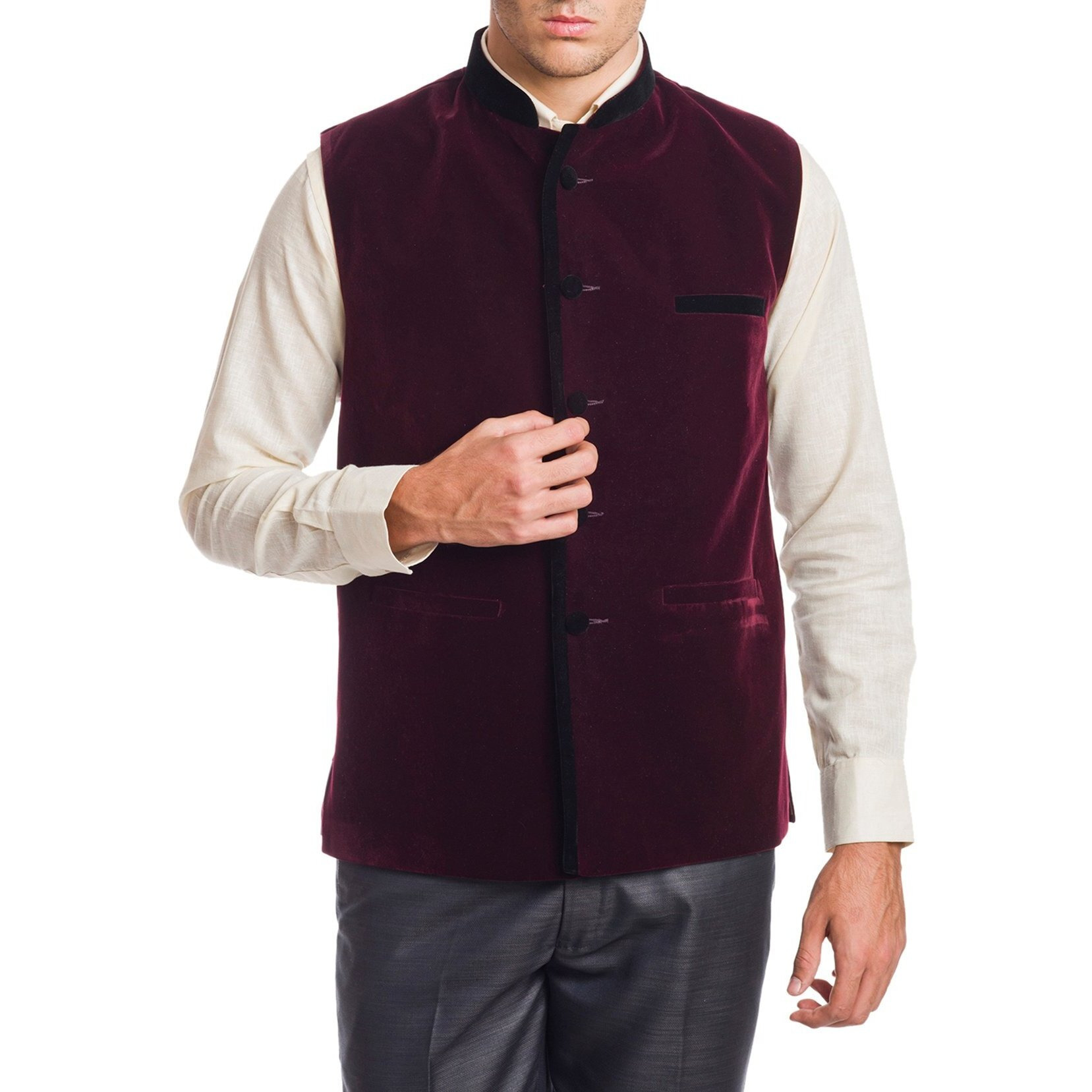 Wintage Men's Velvet Bandhgala Festive Dark Maroon Nehru Jacket Waistcoat