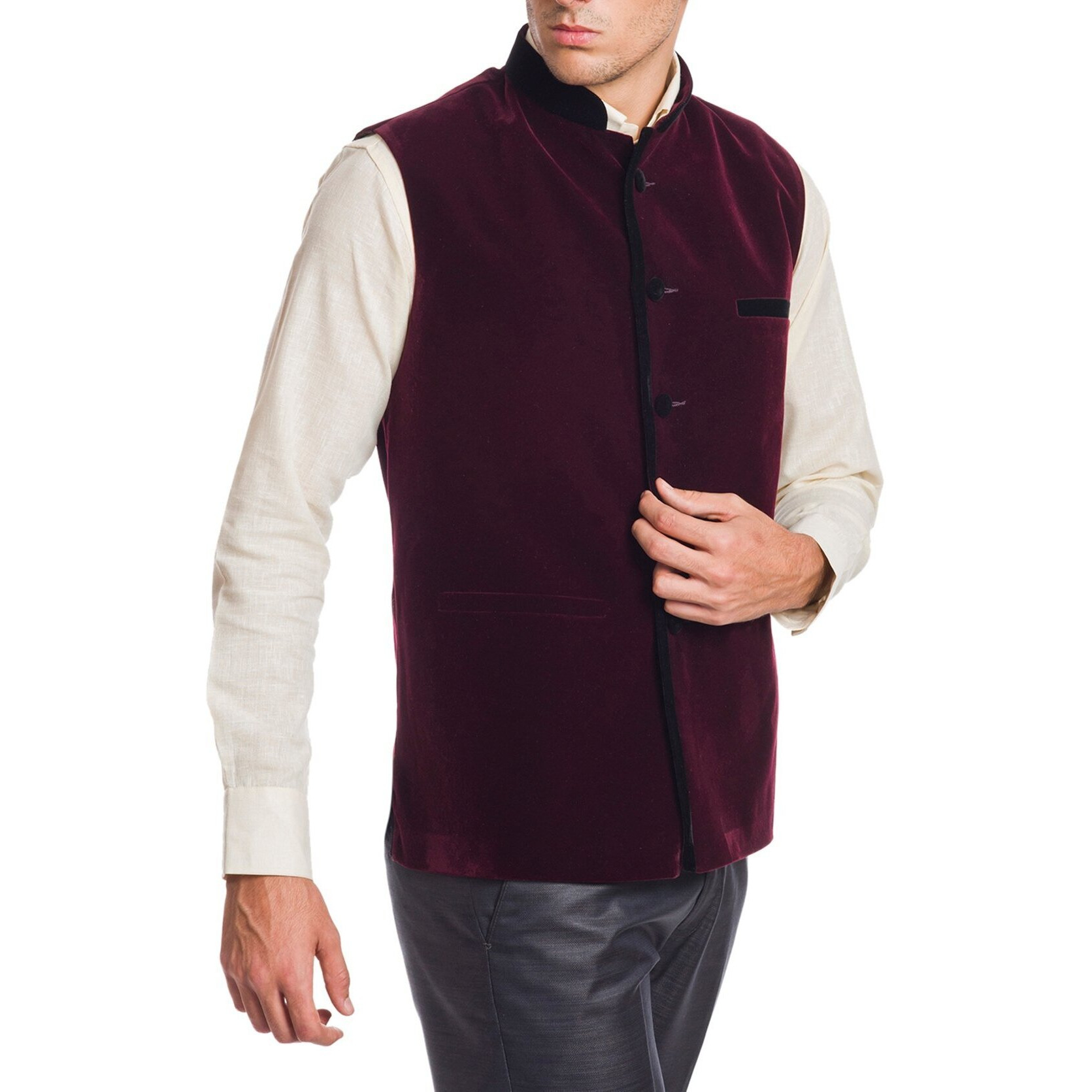 Wintage Men's Velvet Bandhgala Festive Dark Maroon Nehru Jacket Waistcoat