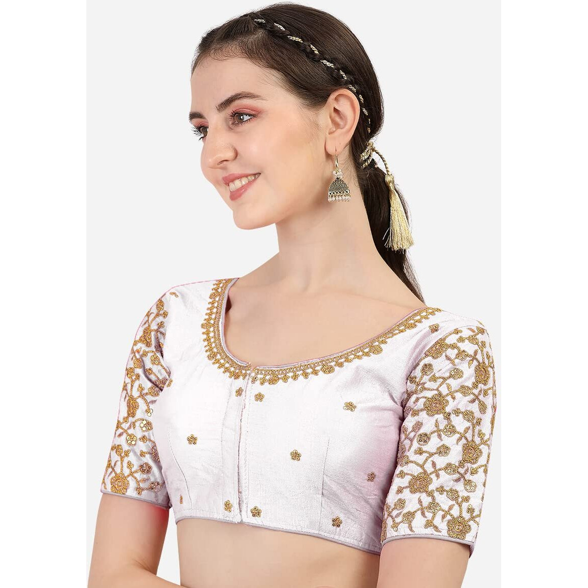 Vihu Fashion Women's Silk Floral Half Sleeve Blouse (Flowerr Blouse_White_38)