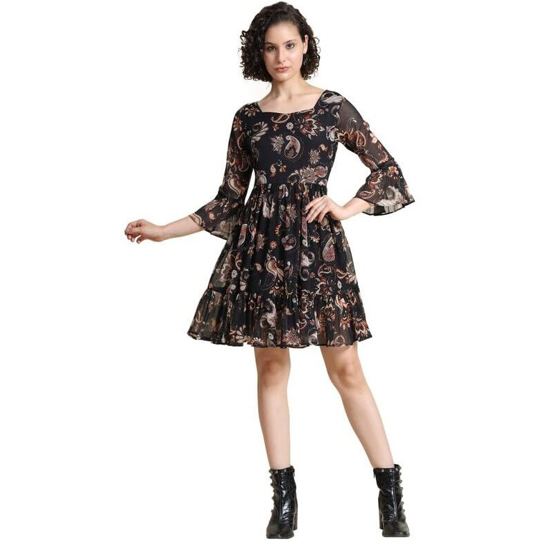 Toochki Women's Black Georgette Paisley Print Fit & Flared Western Dress | Dress For Women | A Line Dress | Winter Dress | Western Dress | Latest Women Dress | Trendy Dress | Midi Dress