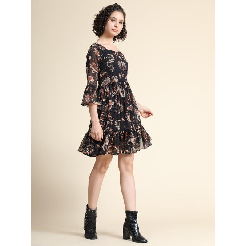 Toochki Women's Black Georgette Paisley Print Fit & Flared Western Dress | Dress For Women | A Line Dress | Winter Dress | Western Dress | Latest Women Dress | Trendy Dress | Midi Dress