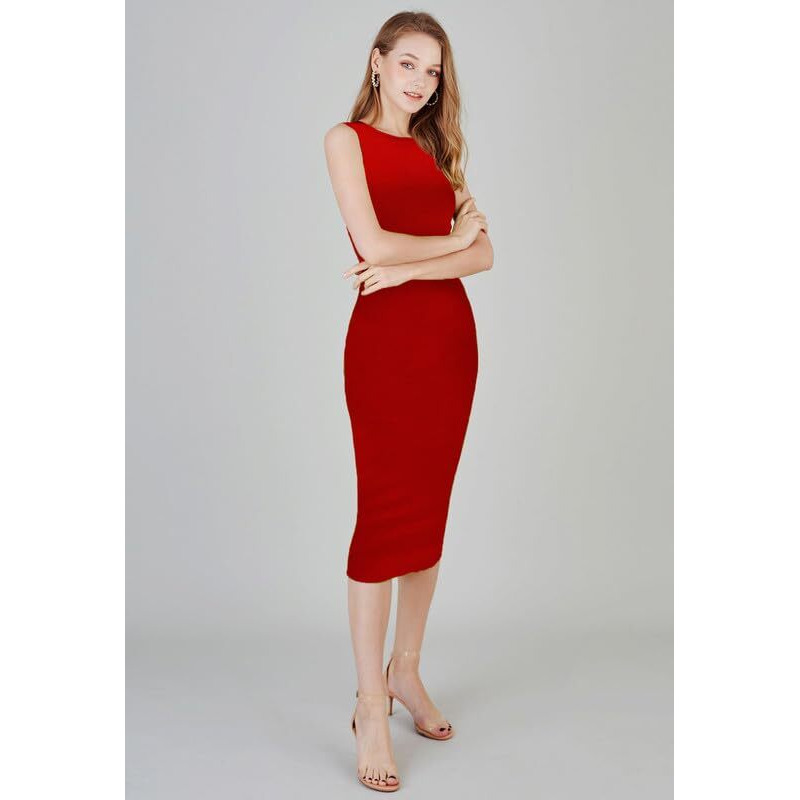 Toochki Women's Lycra Below The Knee Bodycon (Toochki250-Dr-A-/M_Red