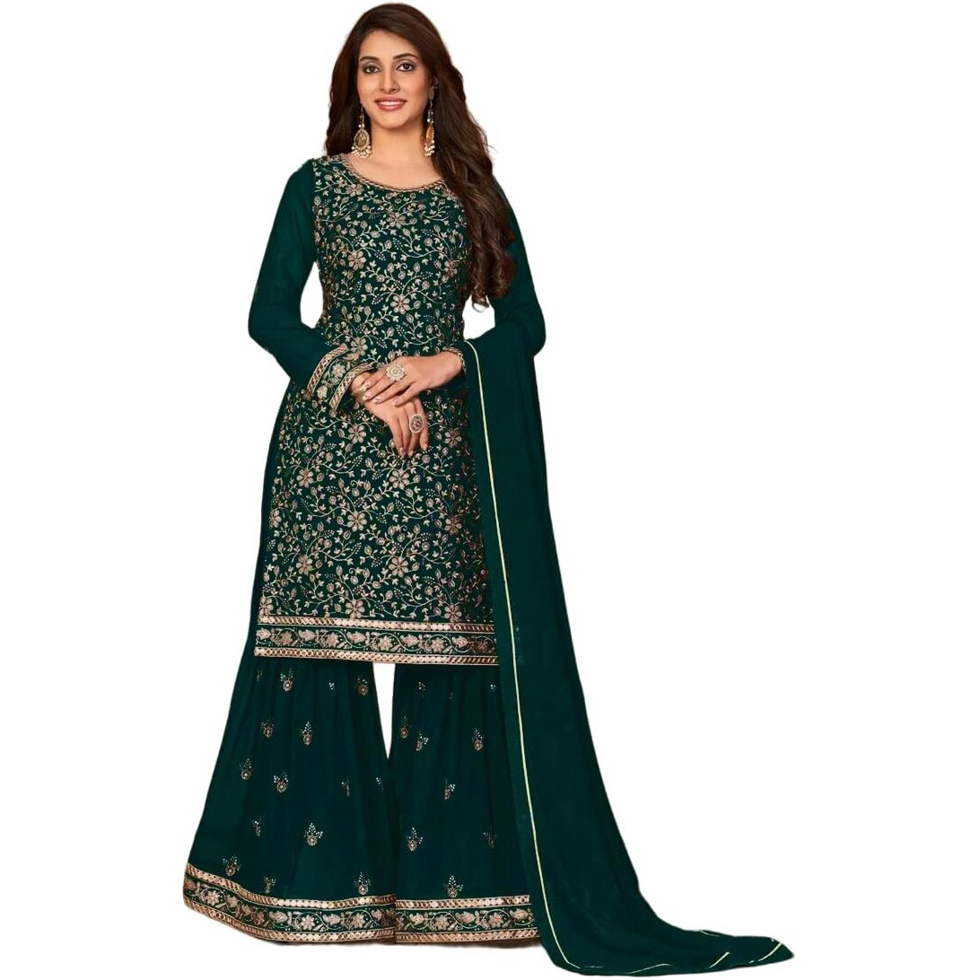Xomantic Fashion Women's Embroidered Georgette Pakistani Suit Salwar Kamez Dupatta Set (X-Small, Rama Green)