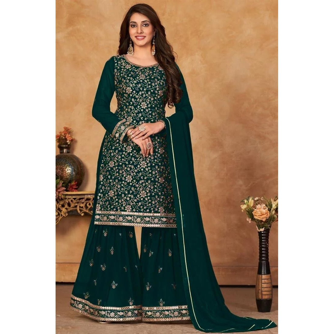Xomantic Fashion Women's Embroidered Georgette Pakistani Suit Salwar Kamez Dupatta Set (X-Small, Rama Green)