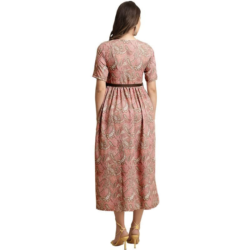 Preneum Women's Georgette Floral Printed 3/4 Slevees A-Line Fit & Flare Gown With Beltindo-Western Ethnic Gown || A-Line Maxi Dress Casual Wear || Fit & Flare Flared Hem Design, Pink, S