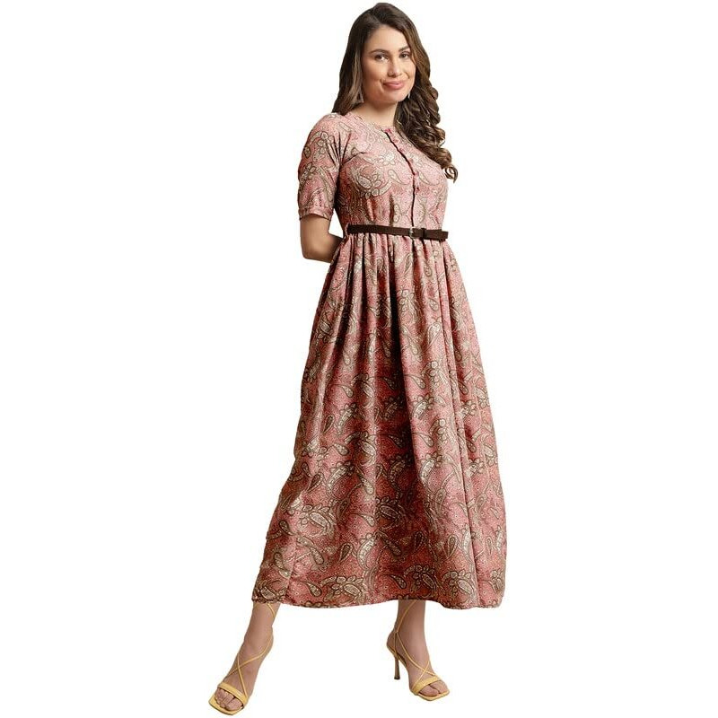 Preneum Women's Georgette Floral Printed 3/4 Slevees A-Line Fit & Flare Gown With Beltindo-Western Ethnic Gown || A-Line Maxi Dress Casual Wear || Fit & Flare Flared Hem Design, Pink, S