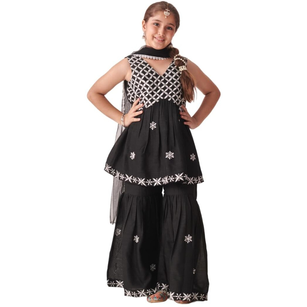 Pspeaches Girl's Silk Blend Sharara Set (Sha-Blackchikankari-15-16Y_Black