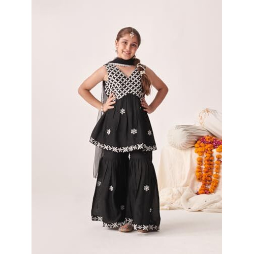 Pspeaches Girl's Silk Blend Sharara Set (Sha-Blackchikankari-15-16Y_Black