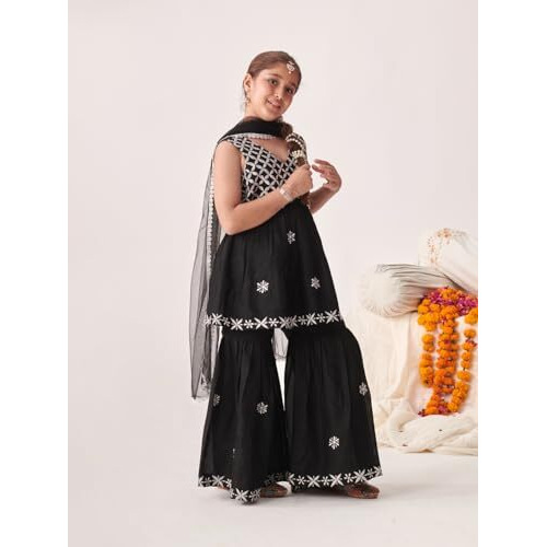 Pspeaches Girl's Silk Blend Sharara Set (Sha-Blackchikankari-15-16Y_Black