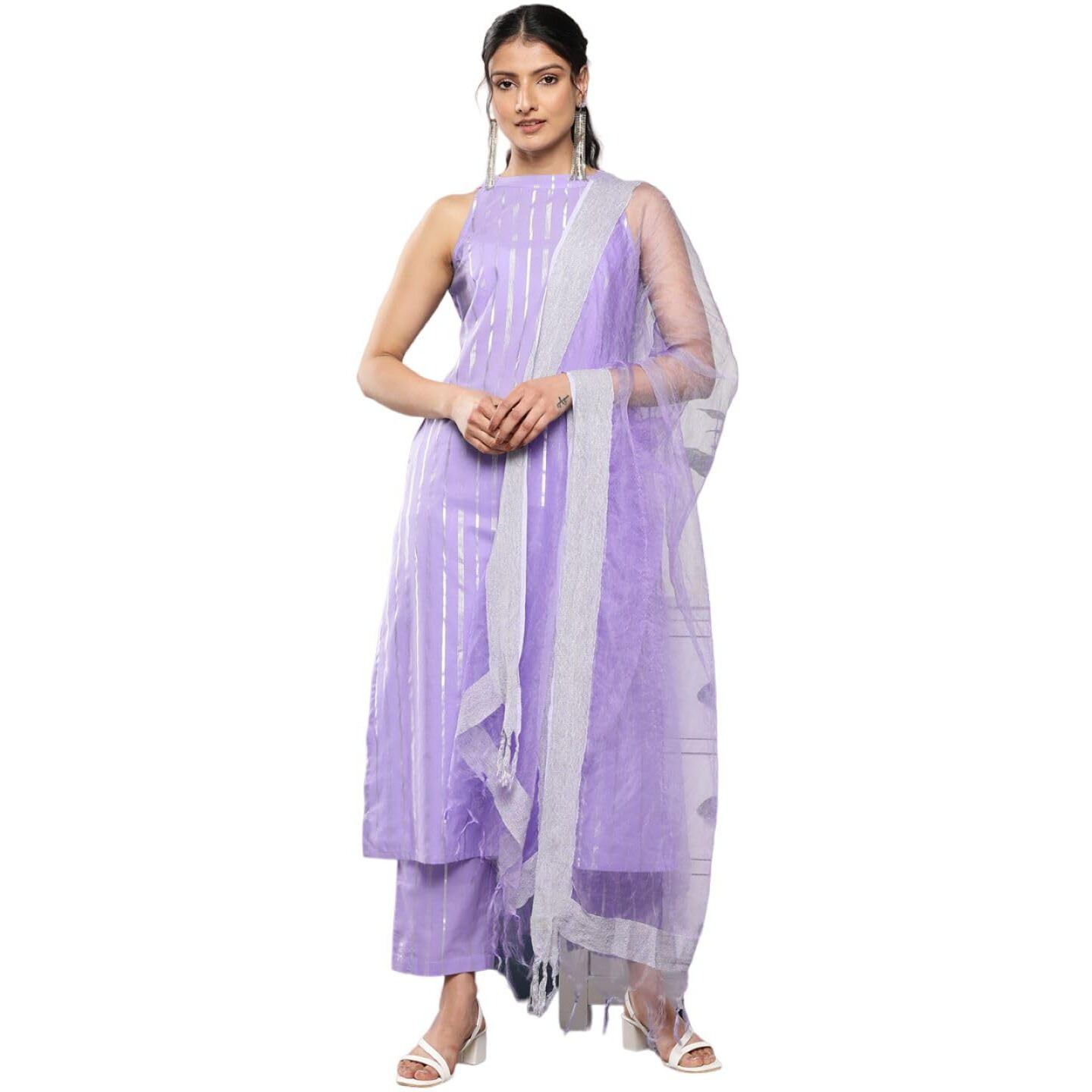 Varanga Women Lavender Lurex Kurta Set With Halter Neck
