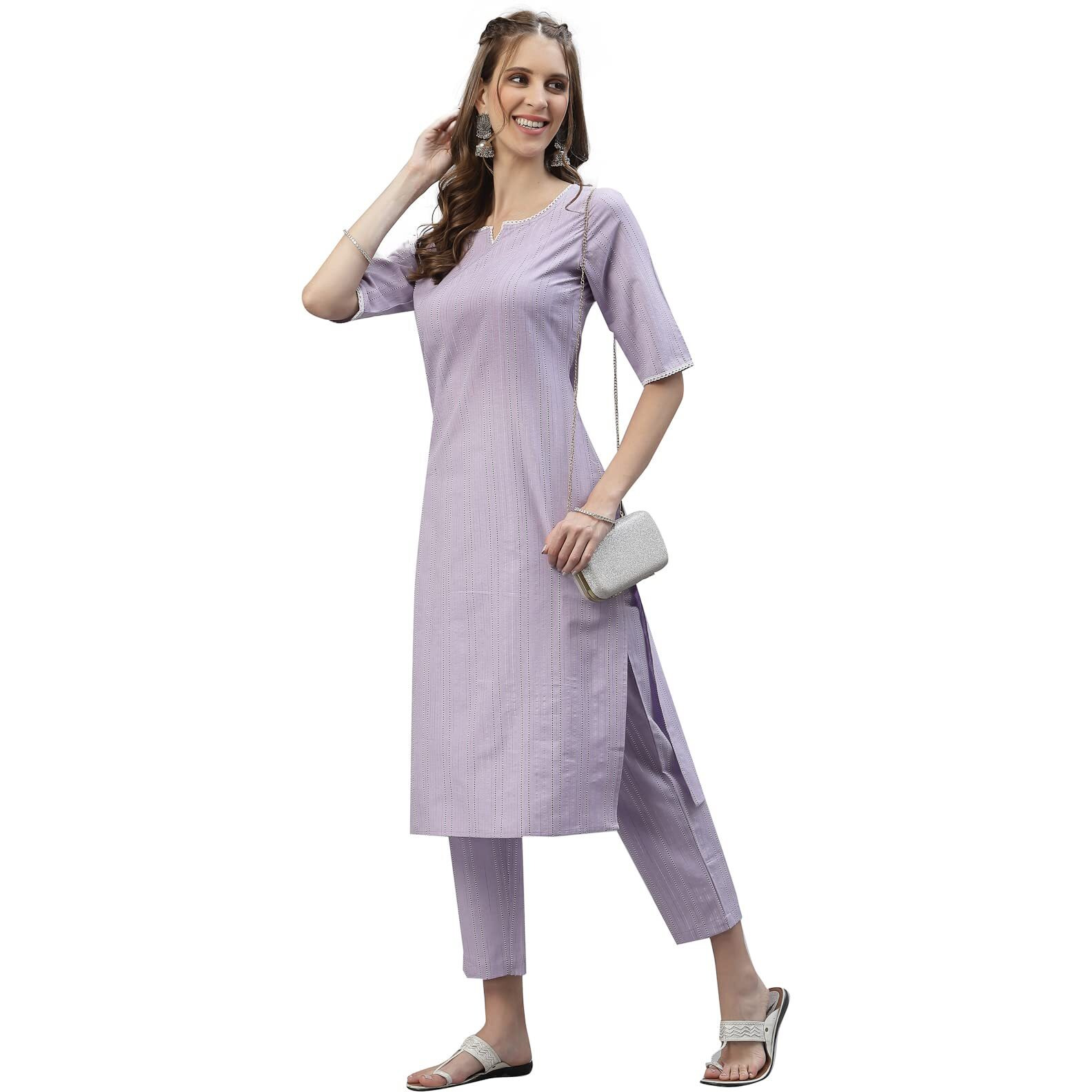 Stylum Women's Self Woven Striped Cotton Blend Straight Kurta Pant Set (Mauve) (In, Alpha, 3Xl, Plus, Mauve)