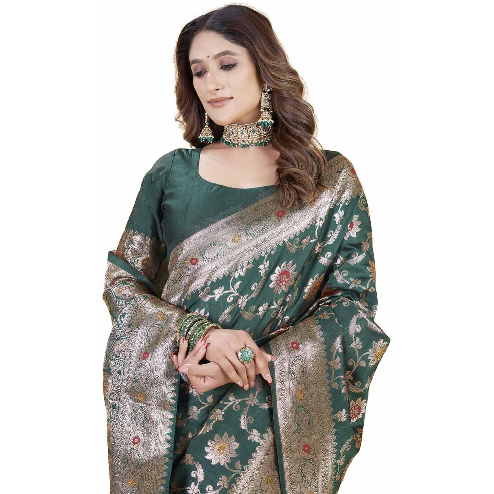 Sugathari Women's Green Kanjivaram Banarasi Silk Saree For Patola Festival Wedding Silk With Rich Pallu Design Sarees For Women With Blouse Piece (San Jm 2 Green)