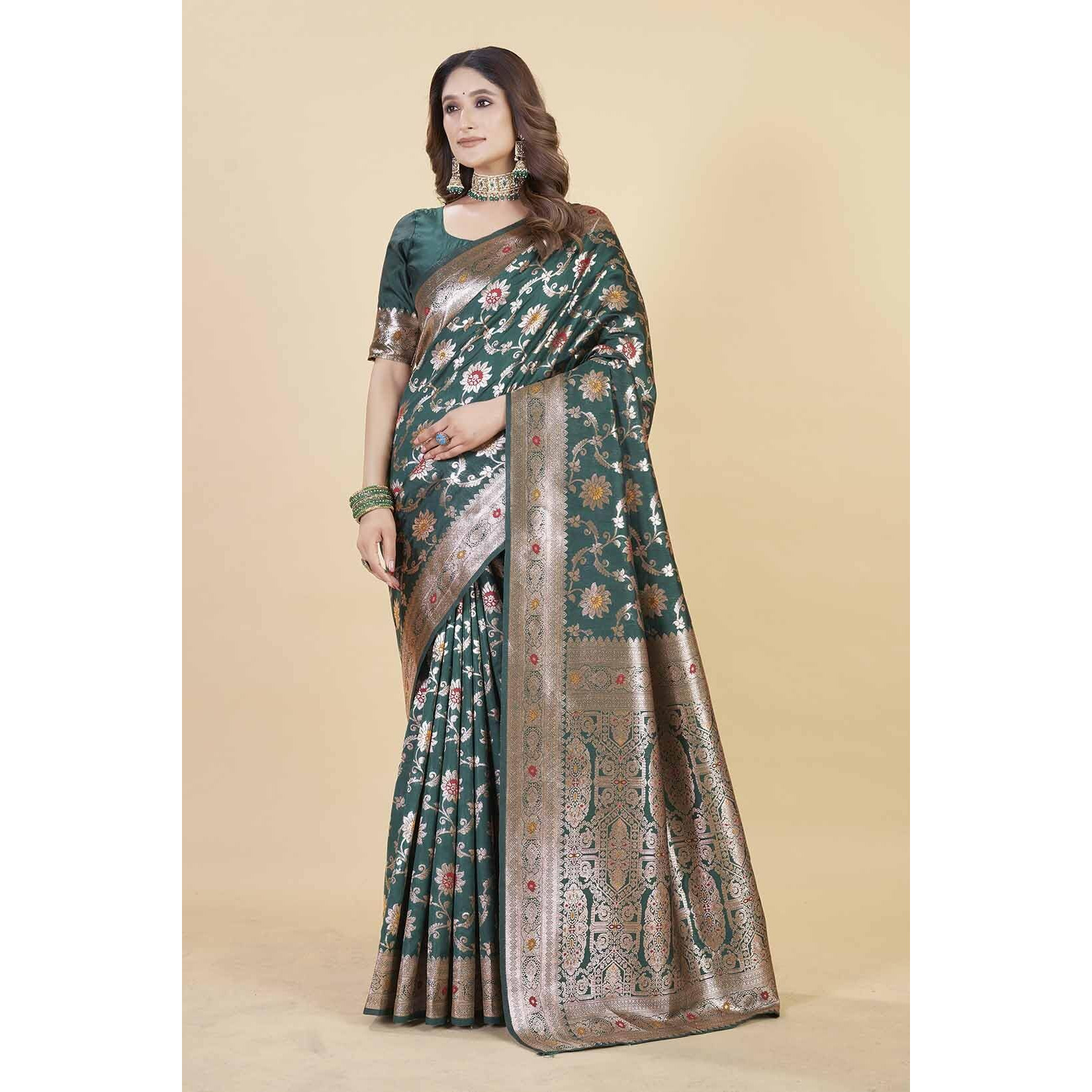 Sugathari Women's Green Kanjivaram Banarasi Silk Saree For Patola Festival Wedding Silk With Rich Pallu Design Sarees For Women With Blouse Piece (San Jm 2 Green)