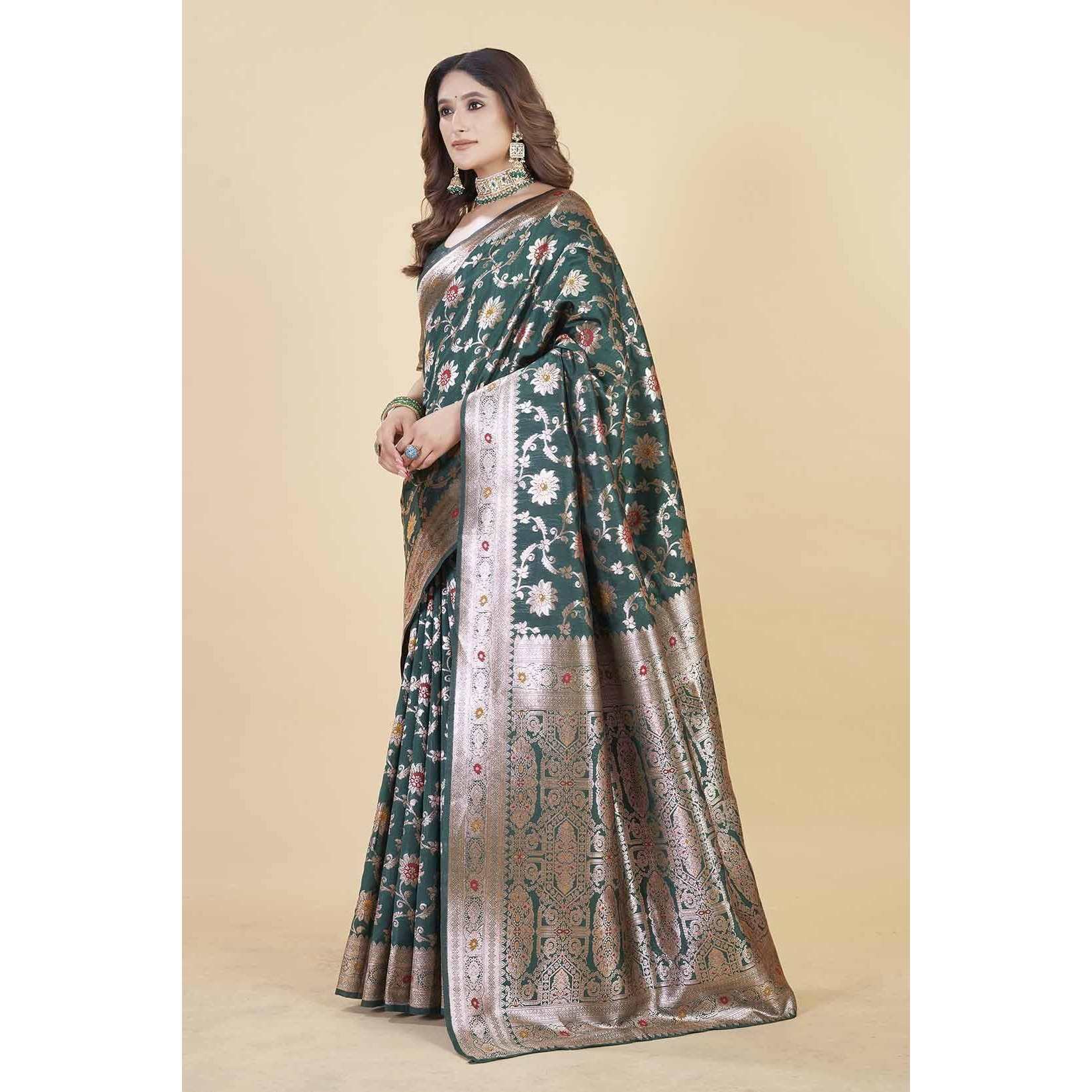 Sugathari Women's Green Kanjivaram Banarasi Silk Saree For Patola Festival Wedding Silk With Rich Pallu Design Sarees For Women With Blouse Piece (San Jm 2 Green)