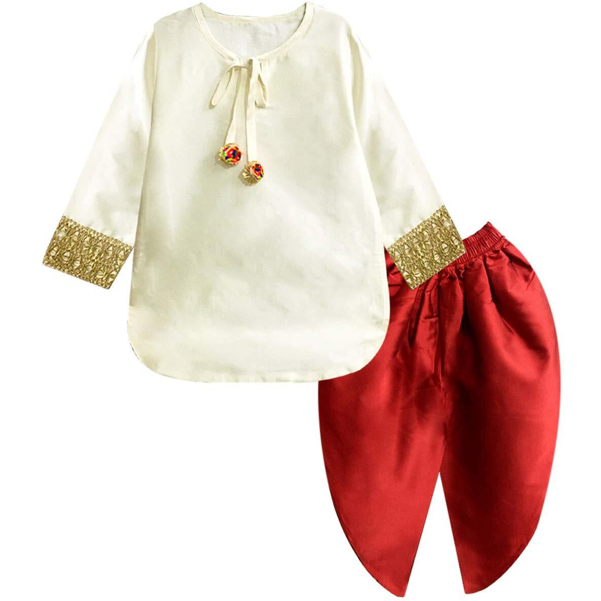 A.T.U.N. All Things Uber Nice Girl's Synthetic Straight Salwar Suit (Gkls Shz Ivm_Ivory/Red_13-14 Years)