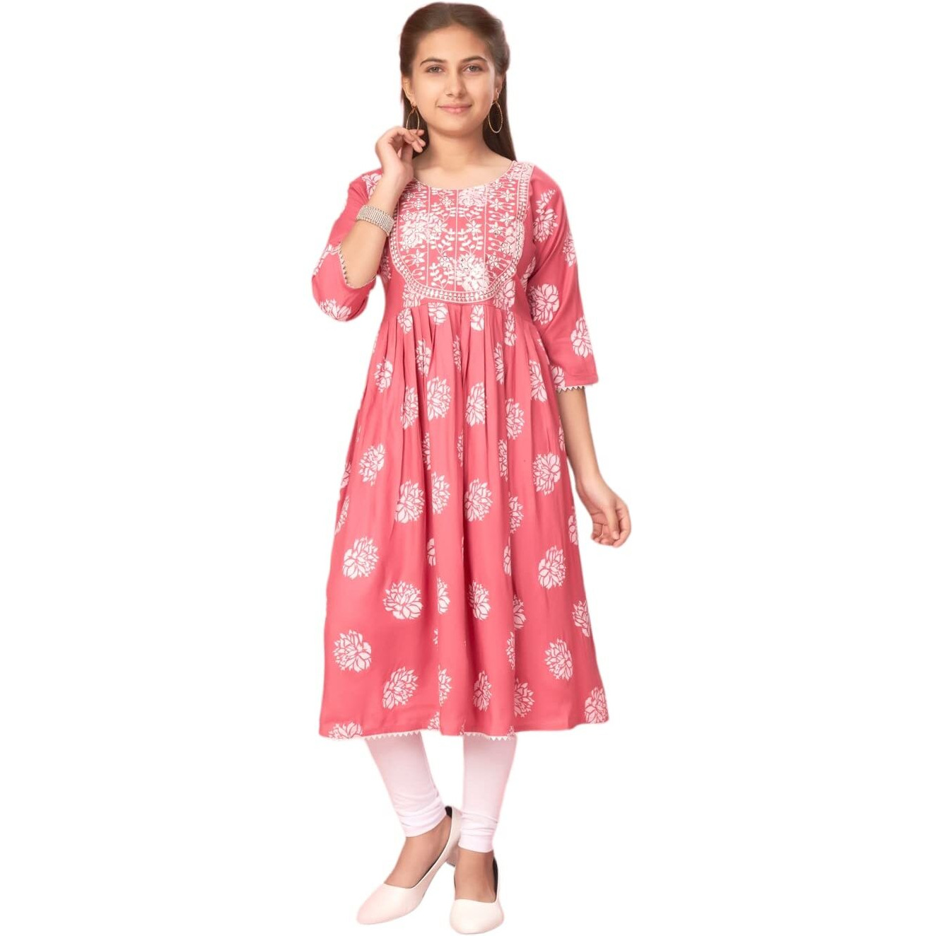 Aarika Girls Pink-White Colour Cotton Embroidery Kurti Legging Set (Kl-Ap-D-1-Pink-White-40)