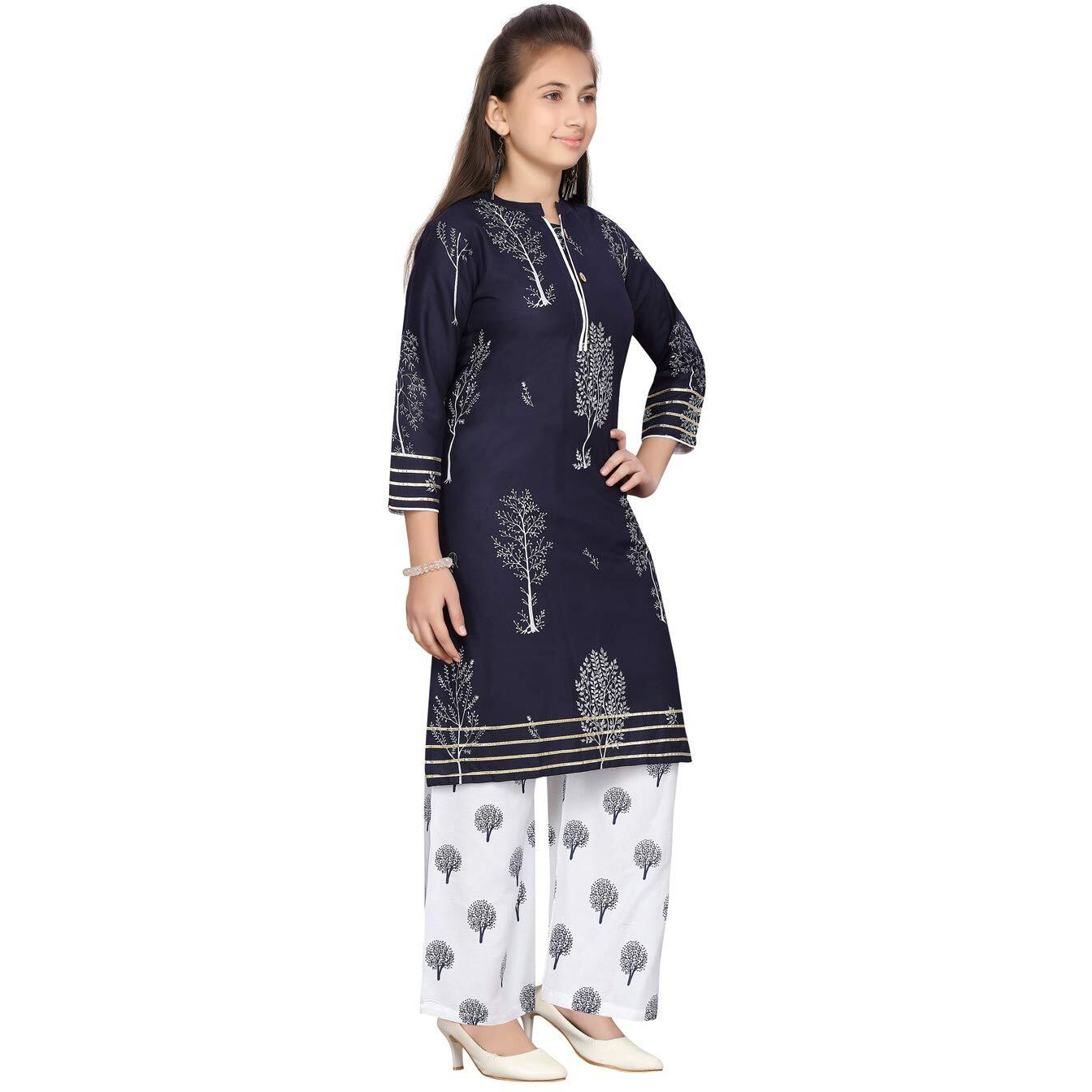 Aarika Girl's Cotton Printed Kurti Palazzo Set (Pl-K-01_Blue), 32