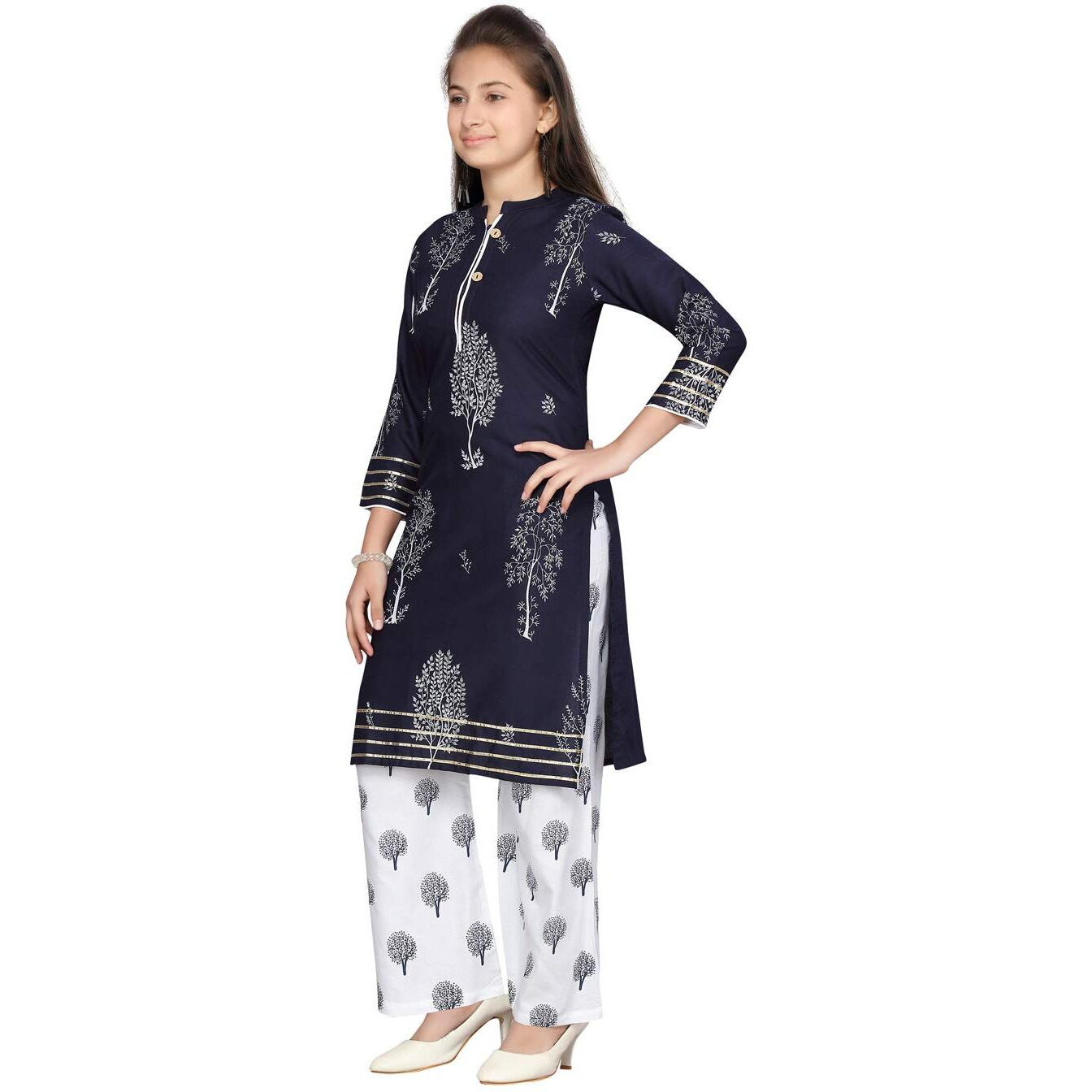 Aarika Girl's Cotton Printed Kurti Palazzo Set (Pl-K-01_Blue), 32