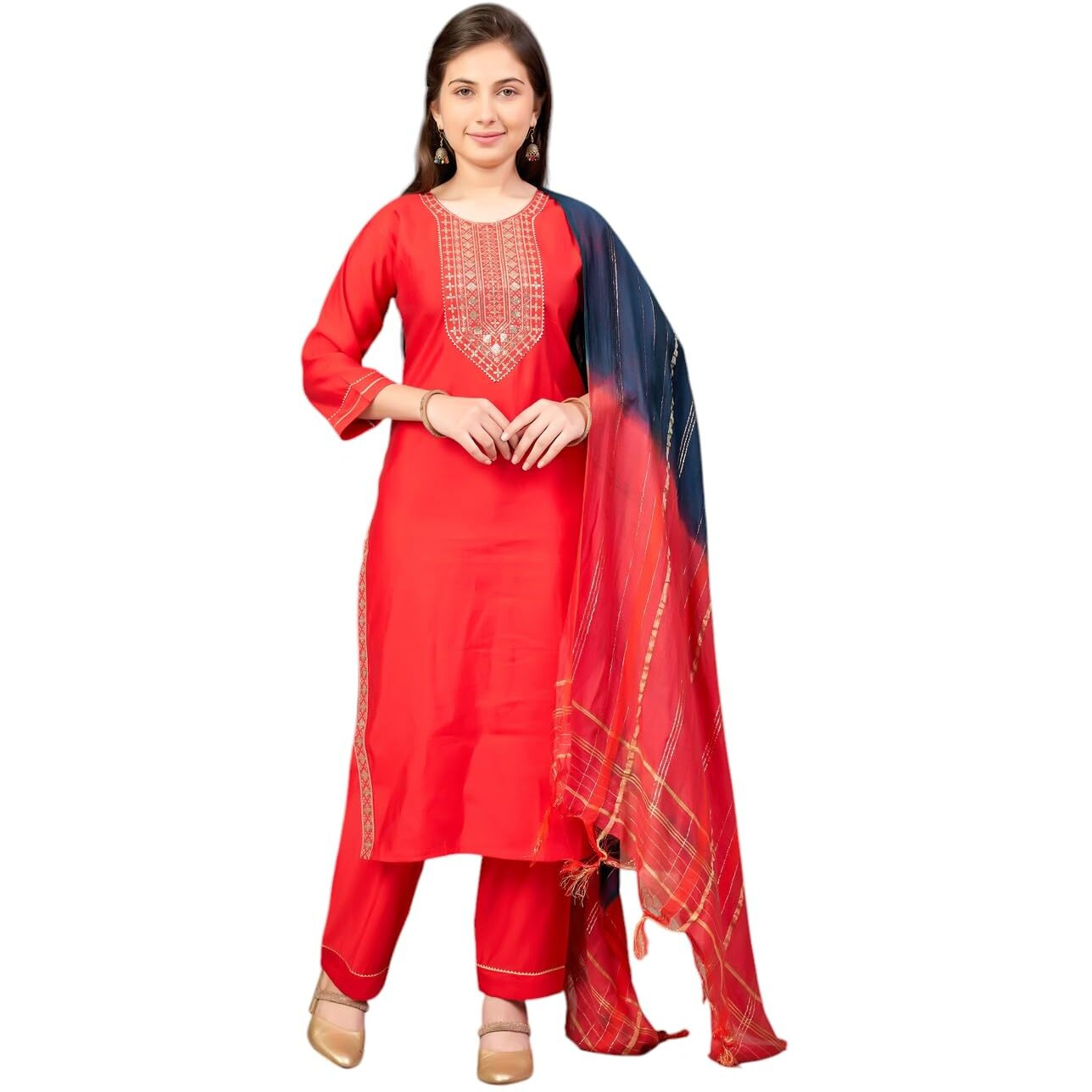 Aarika Girls Ethnic Wear Red Colour Sequin Embroidery Silk Kurti Pant Set-10-15 Years (Kp-Sd-5993)