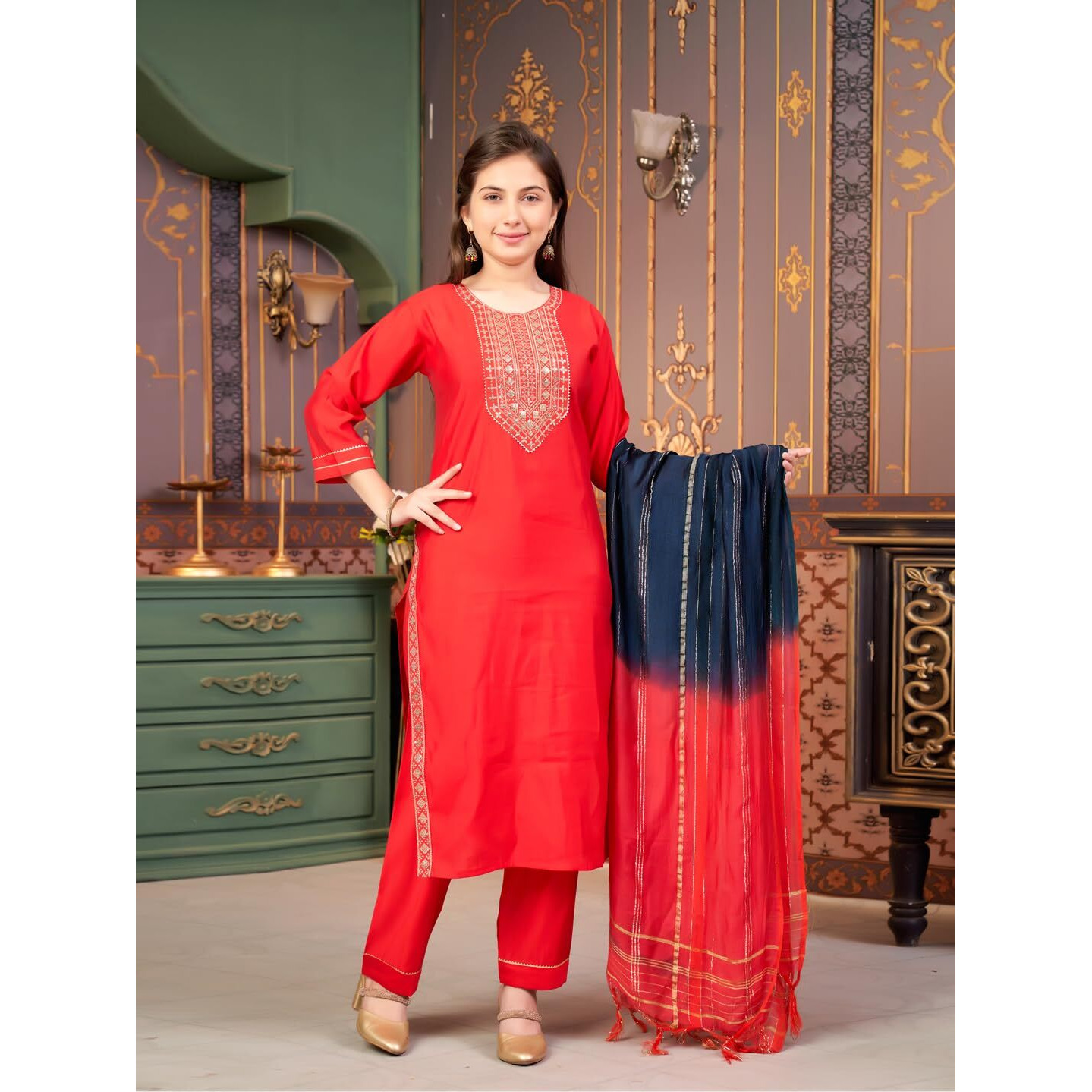 Aarika Girls Ethnic Wear Red Colour Sequin Embroidery Silk Kurti Pant Set-10-15 Years (Kp-Sd-5993)