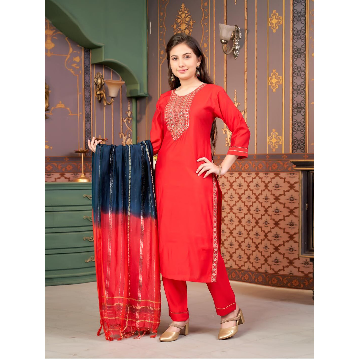 Aarika Girls Ethnic Wear Red Colour Sequin Embroidery Silk Kurti Pant Set-10-15 Years (Kp-Sd-5993)