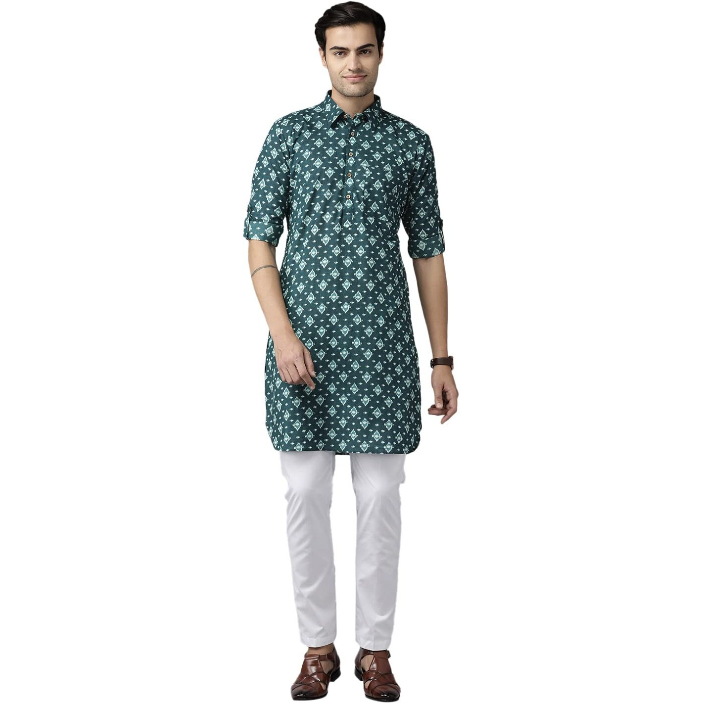 See Designs Men's Teal Blue Regular Pure Cotton Pathani Printed Men's Kurta - Sdpkt_1165M