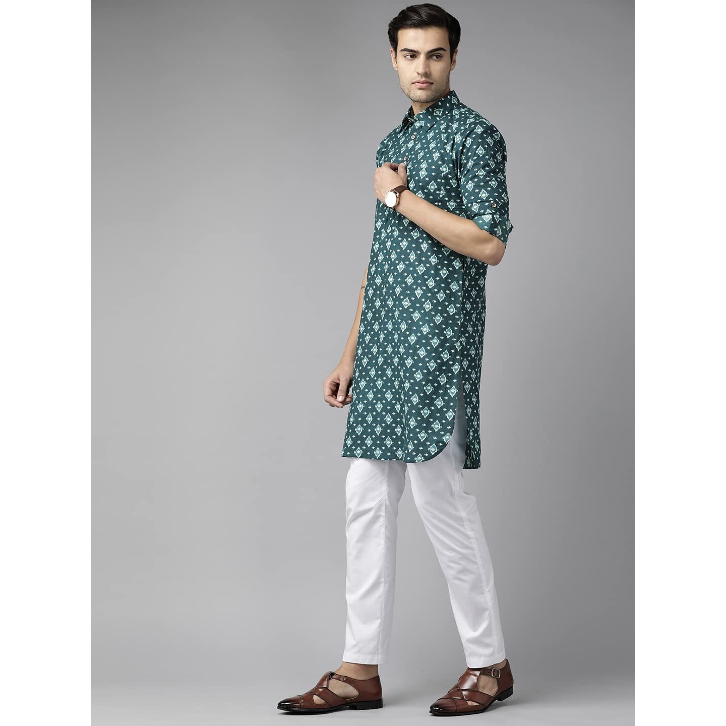 See Designs Men's Teal Blue Regular Pure Cotton Pathani Printed Men's Kurta - Sdpkt_1165M
