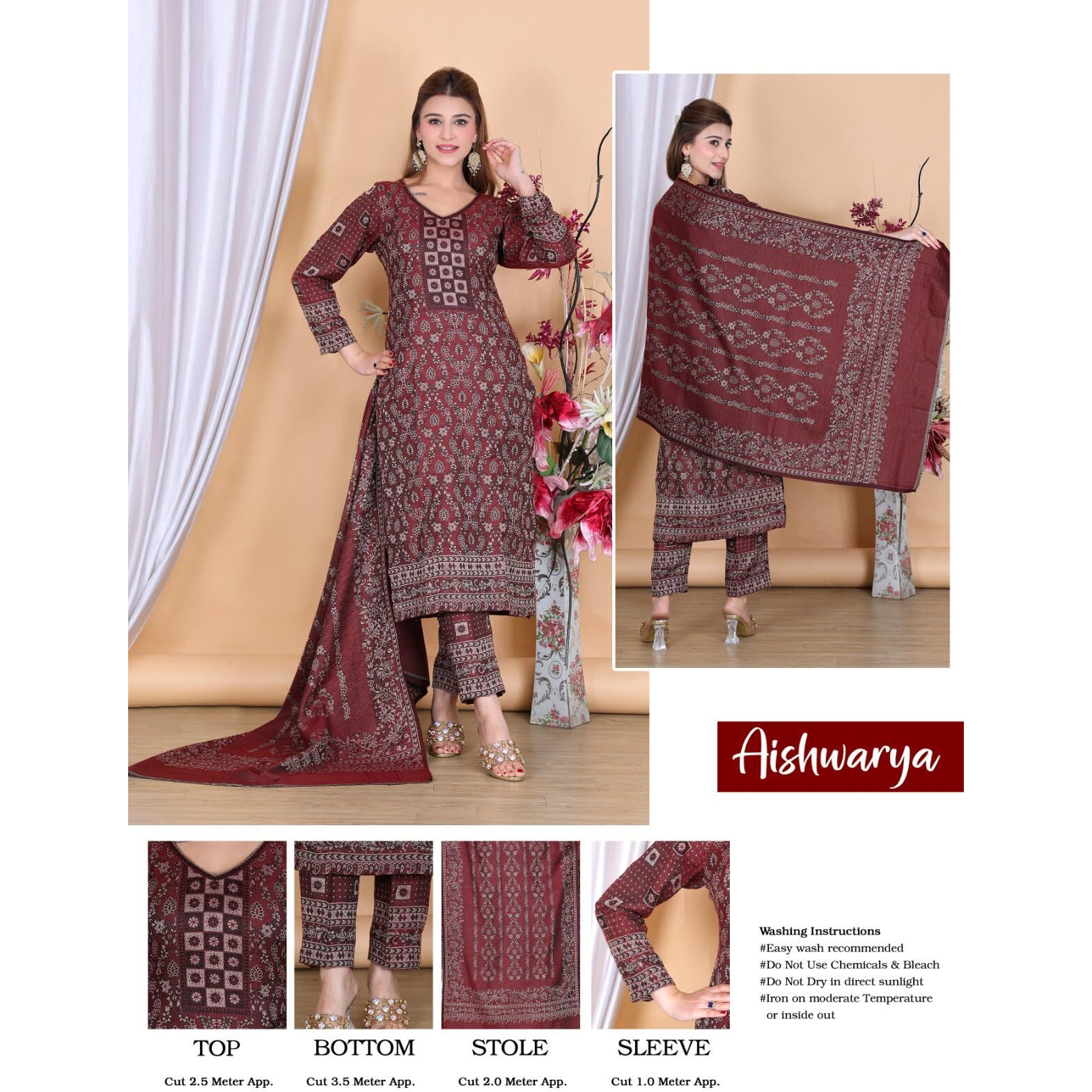 Weavers Villa Women Acro Wool Floral Motif Pattern Suit (Unstitched) Dress Material With Stole, 9 Meters Fabric, Maroon