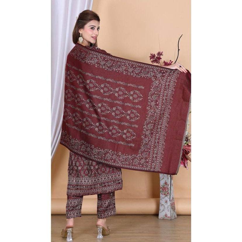 Weavers Villa Women Acro Wool Floral Motif Pattern Suit (Unstitched) Dress Material With Stole, 9 Meters Fabric, Maroon
