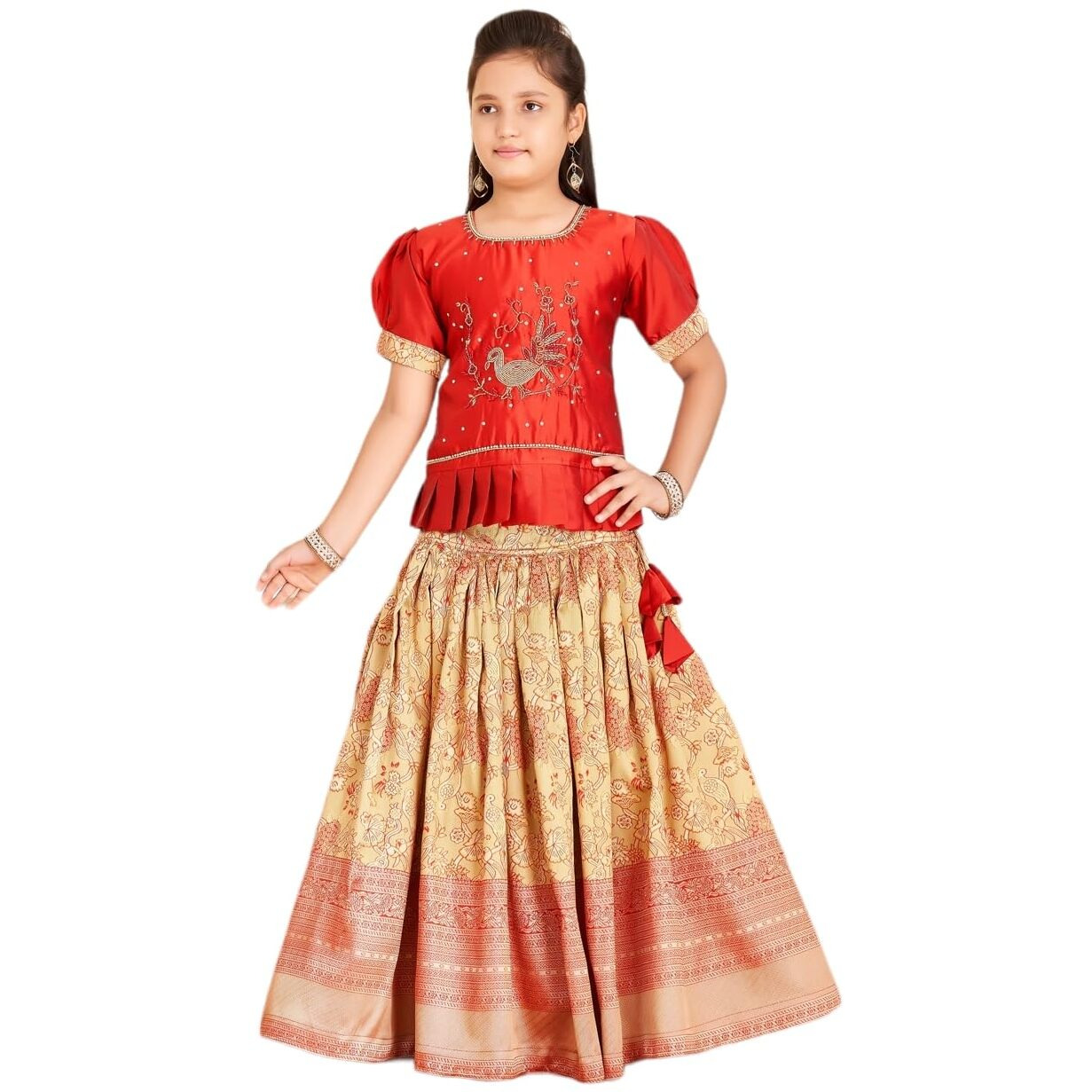 Aarika Girls Ethnic Wear Maroon Colour Beads Hand Embroidery Silk Lehenga Choli Set (4-10 Years)