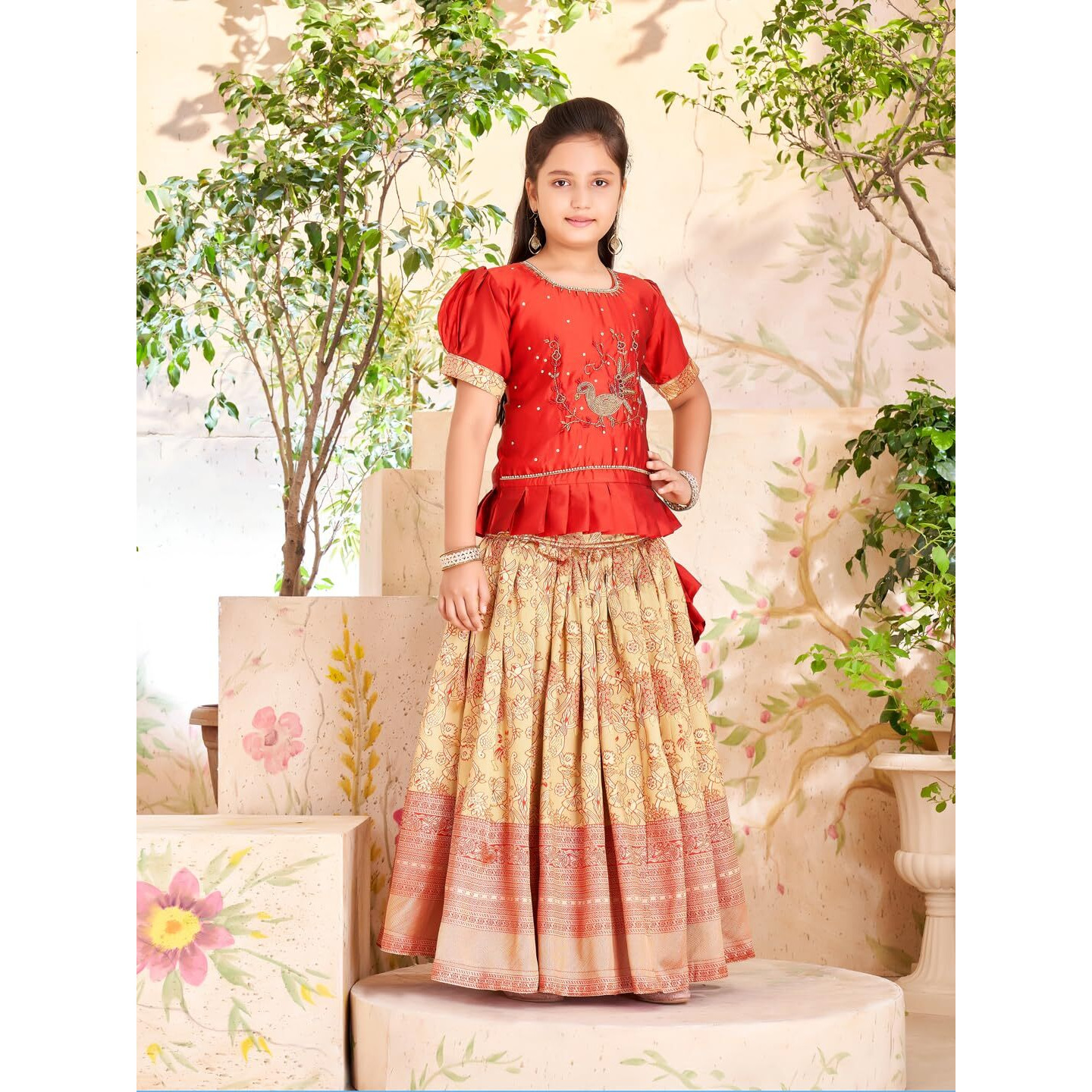 Aarika Girls Ethnic Wear Maroon Colour Beads Hand Embroidery Silk Lehenga Choli Set (4-10 Years)
