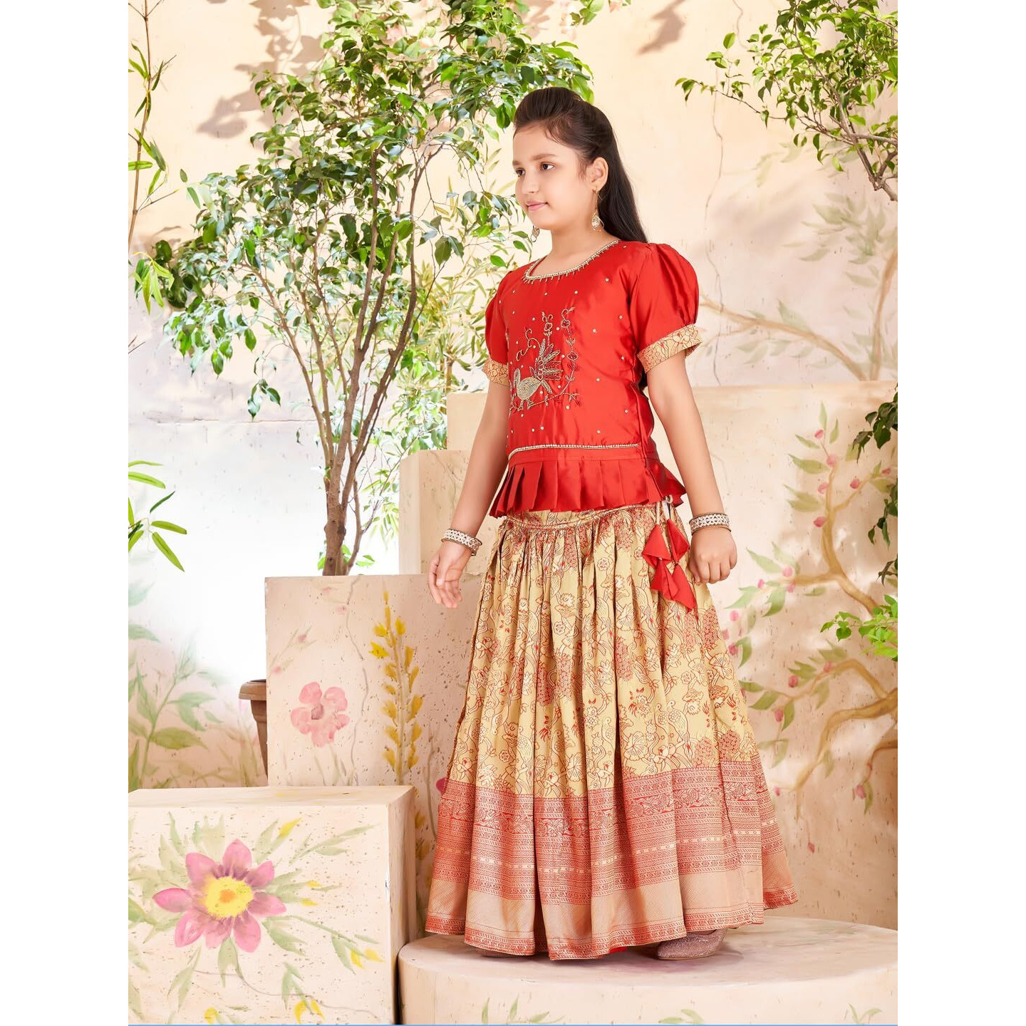Aarika Girls Ethnic Wear Maroon Colour Beads Hand Embroidery Silk Lehenga Choli Set (4-10 Years)
