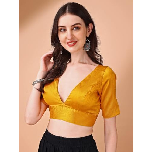 Womanista Silk Women's Dupion Solid Short Sleeve Regular Fit V Neck Blouse (Bl_69_Mustard Medium)