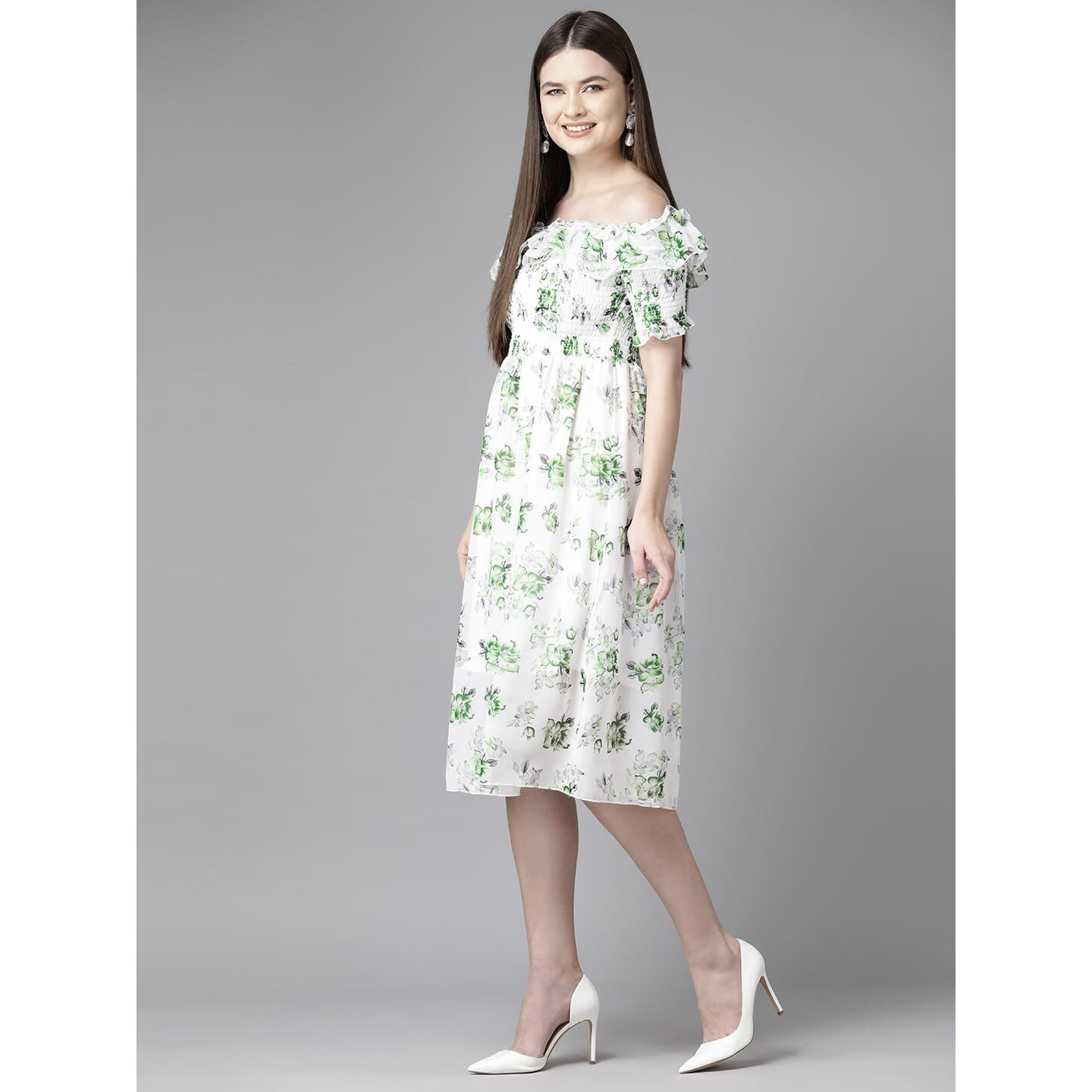 Aarika Womens White-Green Colour Georgette Floral Print Middi (Md-W-083-White-Green-S)