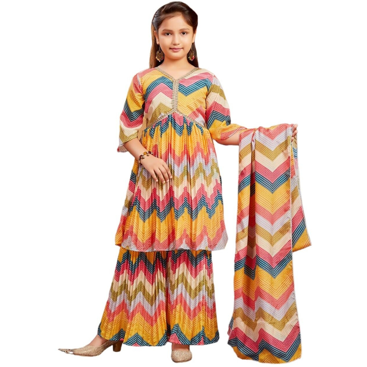Aarika Girls Ethnic Wear Yellow Colour Bandhani Print With Lace Work Silk Kurti Sharara Set (6-13 Years)