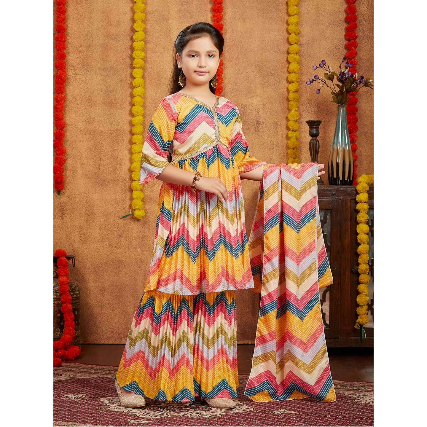 Aarika Girls Ethnic Wear Yellow Colour Bandhani Print With Lace Work Silk Kurti Sharara Set (6-13 Years)