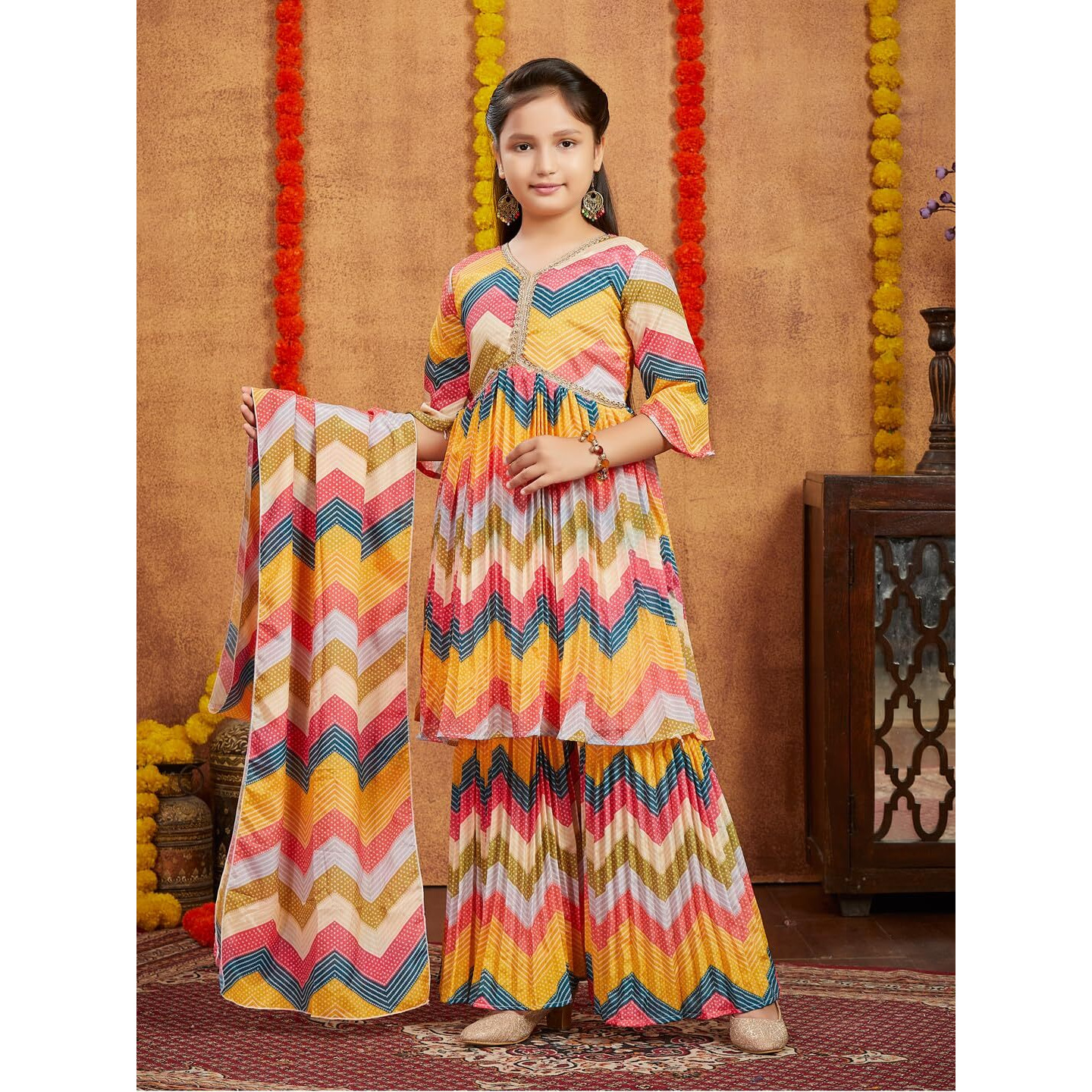 Aarika Girls Ethnic Wear Yellow Colour Bandhani Print With Lace Work Silk Kurti Sharara Set (6-13 Years)
