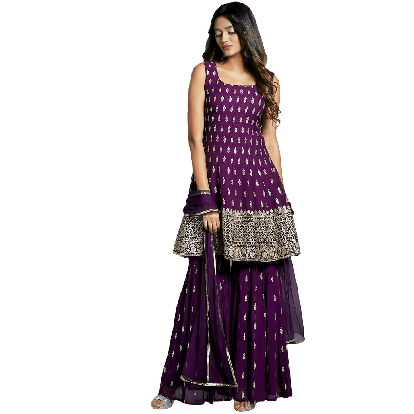 Xomantic Fashion Women's Embroiderd Work Navyblue Color Weding Wear Anarkali Kurta Sharara Set (Large, Wine)