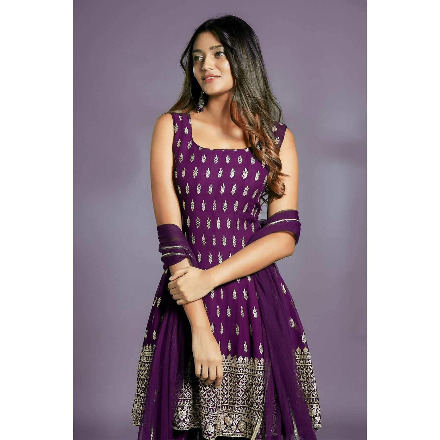 Xomantic Fashion Women's Embroiderd Work Navyblue Color Weding Wear Anarkali Kurta Sharara Set (Large, Wine)