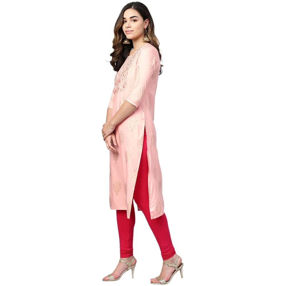 Anubhutee Women's Rayon Pink Foil Print Ethnic Motifs Printed Straight Kurta