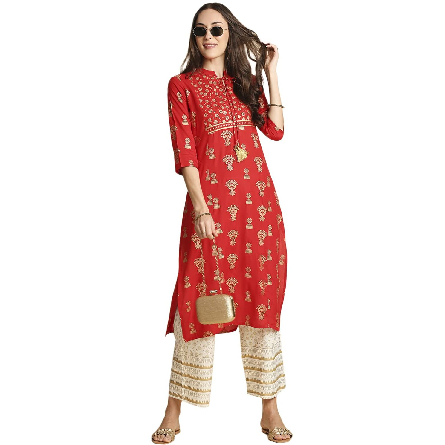 Anubhutee Tie-Neck Ethnic Foil Print Kurta Set, Red, L, (Anu191026L)